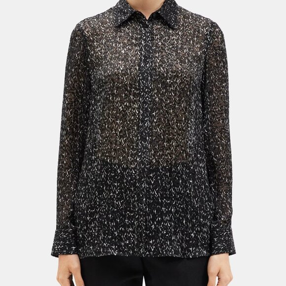 NWT Theory Chevron Burnout Button Silk Viscose Sheer Blouse Top - Picture 4 of 16